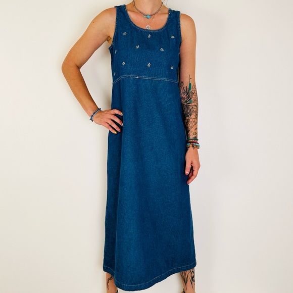 Vintage Dresses & Skirts - Vintage Erika&Co Denim Dress Midi Floral Embroidery Boho Sleeveless